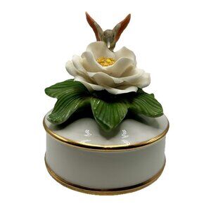 Vintage Porcelain Hummingbird & Gardenia Music Box Teleflora Blue Danube Waltz